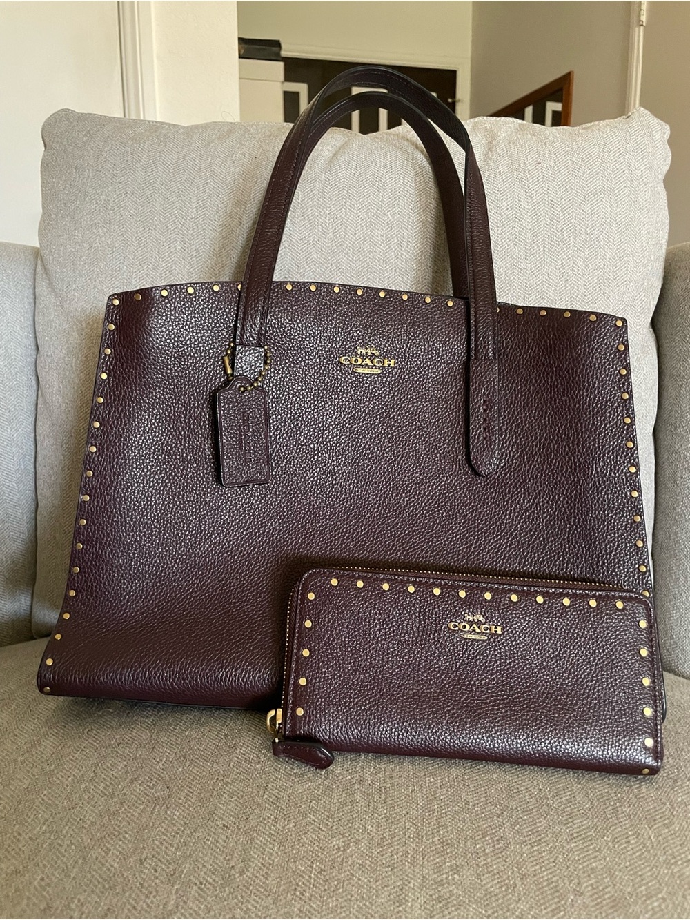 Coach Pebbled Leather Studded Tote and Zip Wallet in Deep Burgundy
